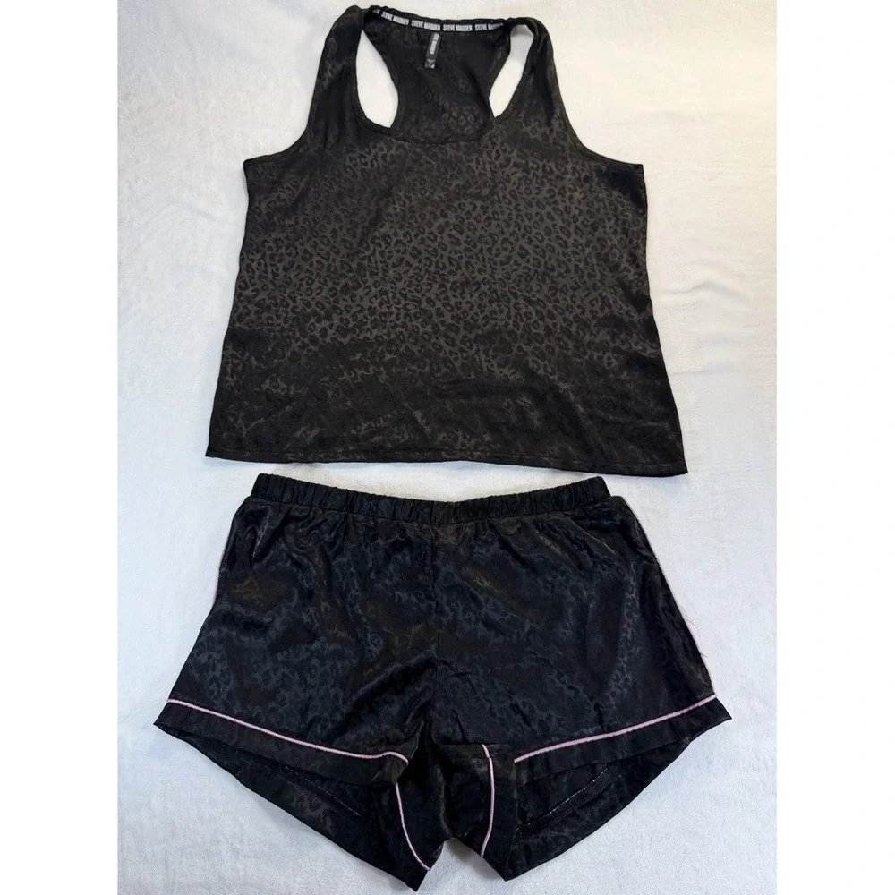 Steve Madden Black Satin Shortie PJ Set L Razorback Sexy Goth Dark‎ Fairy